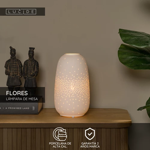 Lucide FLORES - Lámpara de mesa - Ø 14,1 cm - 1xE14 - Blanco - USP